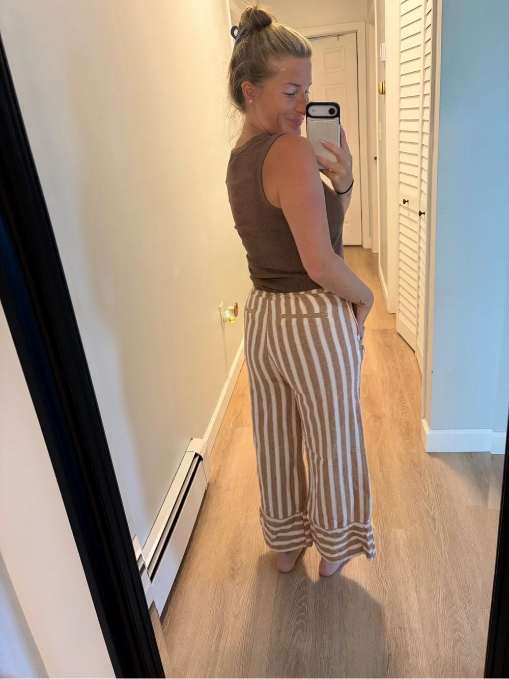 Roxy Brown Ribbed Tank with Tan & White Striped Pants